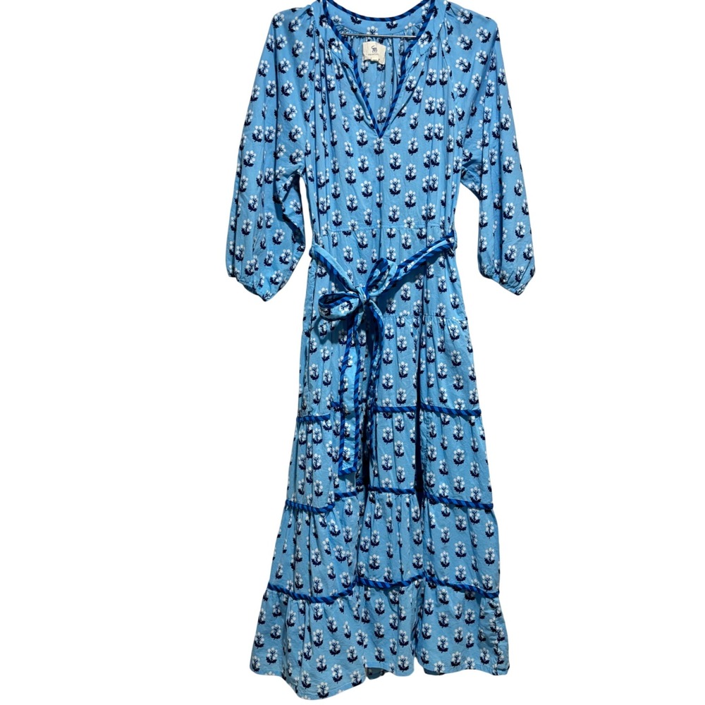 Printfresh Blue‎ Floral Organic Cotton Block Print Tiered Midi Dress Small